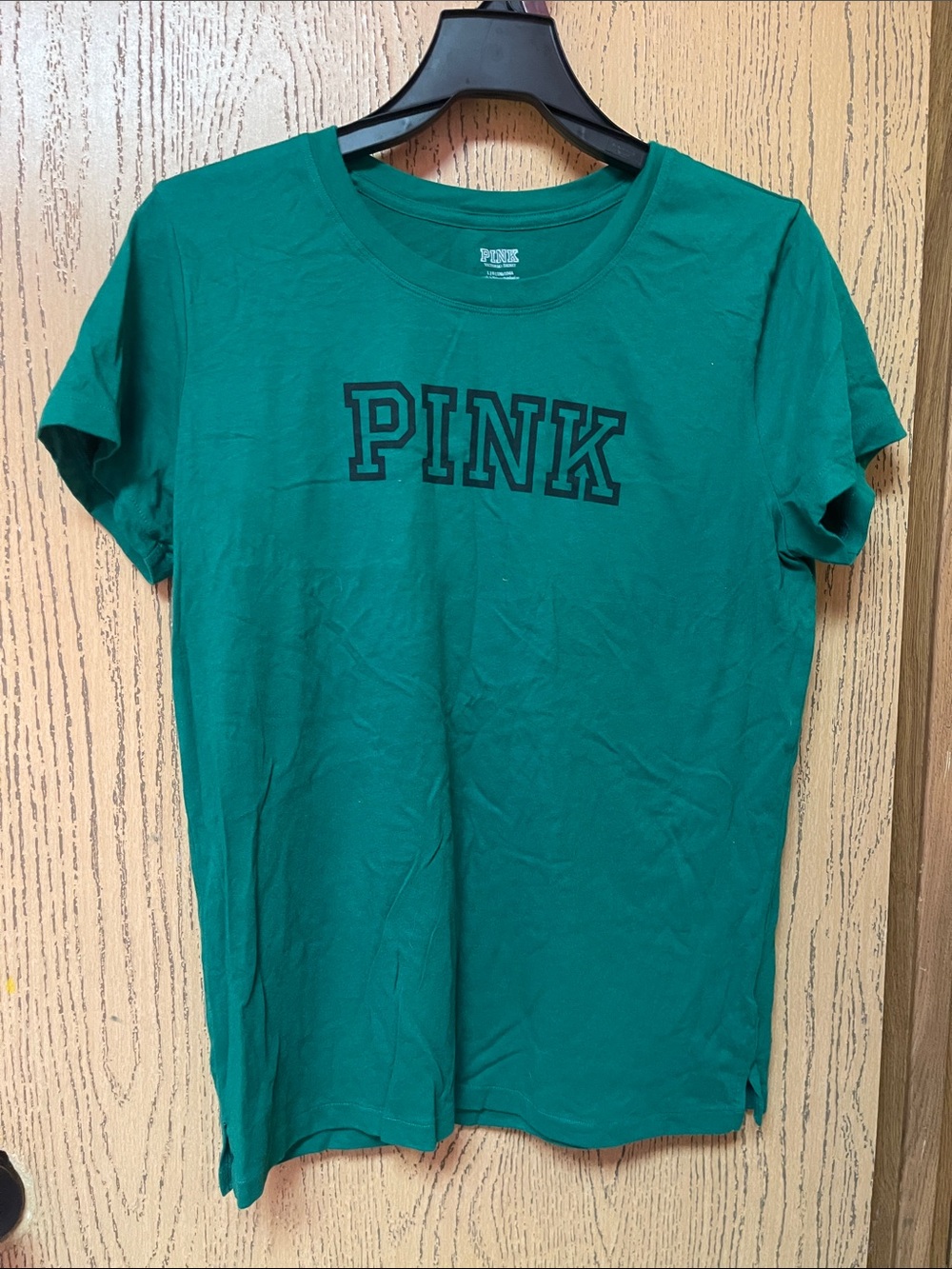 PINK Victoria's Secret Green Logo Crewneck Tee